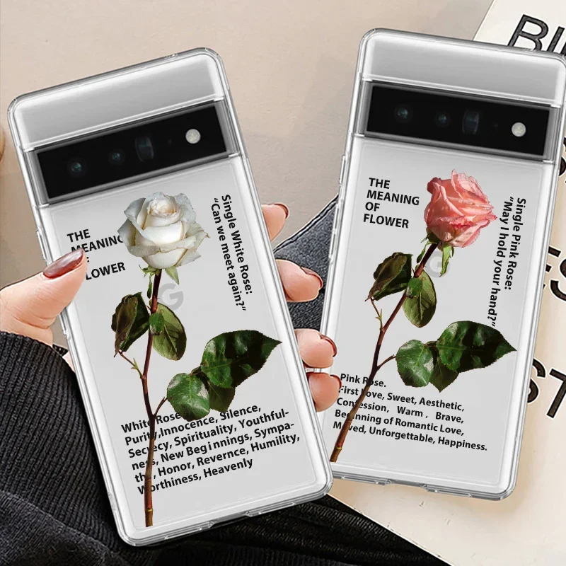 Cute Transparent Soft TPU Phone Case for Google Pixel 7 A Pro 6 6Pro 8Pro Graceful White Rose Printing Cover for Google Pixel 6a