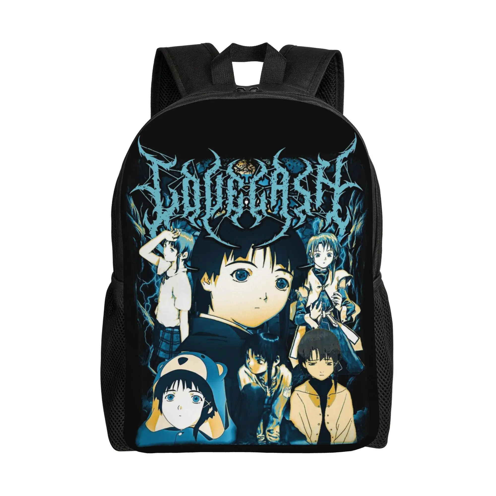 

Manga Serial Experiments Lain Aesthetic Retro Metal Backpack Student Unisex Polyester Backpacks Cool High School Bags Rucksack