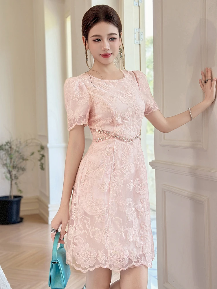 Frauen Straße Kleidung Rosa Blumen Stickerei Oansatz Schlank A-Line Kurzes Kleid Elegante Dame Party Prom Vestidos Formelle Anlässe Neue