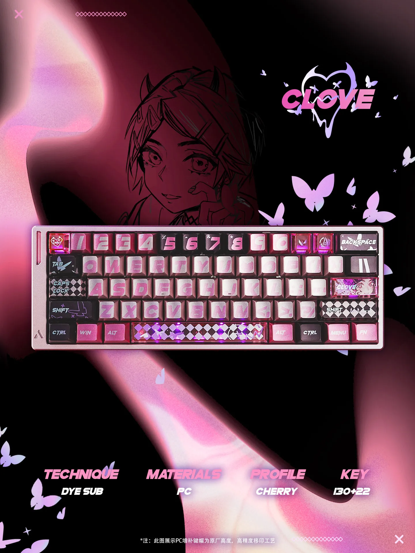 Custom Twilight Moth Aesthetic Keycap Set Pink Side-Lit Dye Sublimation High Profile Contour Mechanical Gift