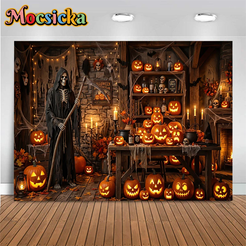 Mocsicka Rustic Halloween Cabin Photography Backdrop Grim Reaper Glowing Pumpkins Candles Spider Webs Jack-O-Lanterns Kid Banner