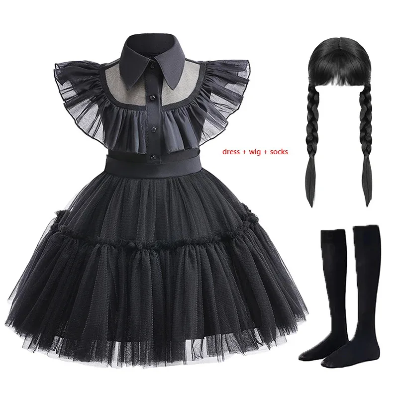 

LZH Children Wednesday Cosplay Costume For Girls Dresses Kids Carnival Addams Halloween Birthday Party Black Dress 1-6 Years