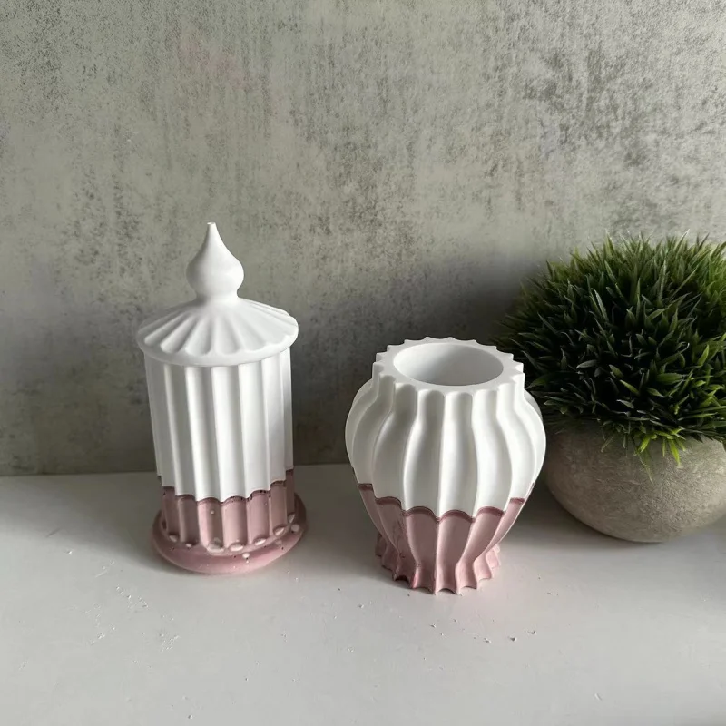 Roman Striped Glossy Candle Cup Silicone Mold with Lid Roman Storage Tank Plaster Epoxy Mold