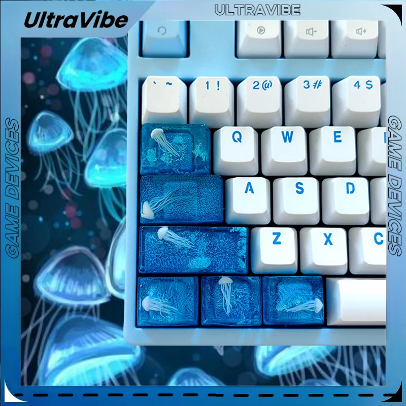 New Jellyfish Keycap Crystal Transparent Handmade Ocean Foam Blue  Cute Function Key Position Mechanical Keyboard Ocean Keycap