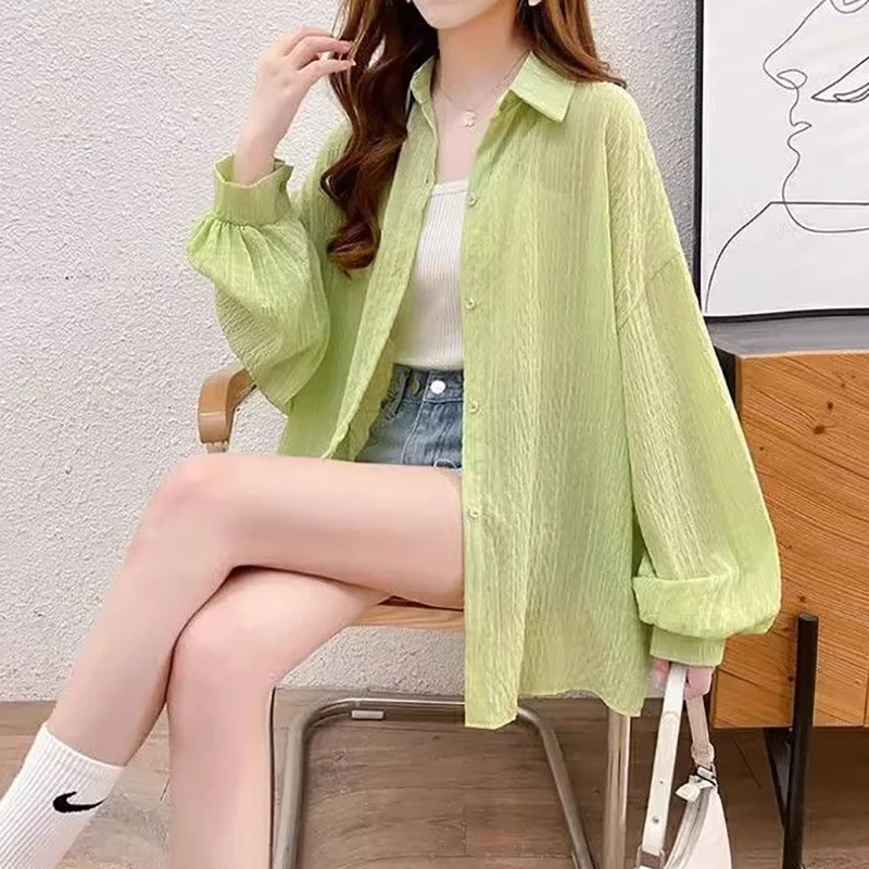 

Fashion Lapel Solid Color Folds Lantern Sleeve Shirts Female Clothing 2025 Spring Summer New Loose Sweet Tops Casual Blouses