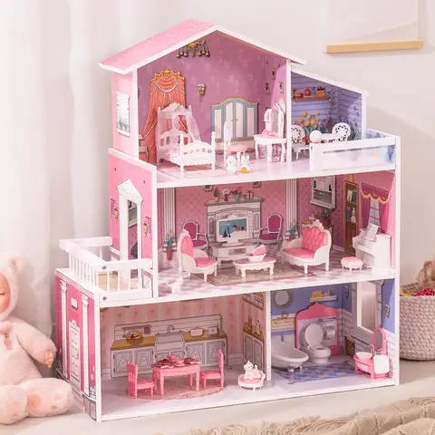 ROBUD Wooden Dollhouse Playset 3 Stories 5 Rooms 24 PCS Furniture Pretend Play Toys Gift for Kids Toddlers Girls