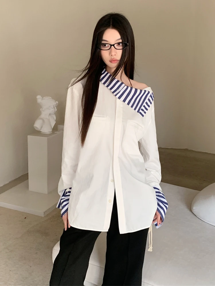 QOERLIN Spring Fall Sailor Collar Asymmetrical Shirts Women Elegant Office Ladies Patchwork Blouse Long Sleeve Tops White Shirt