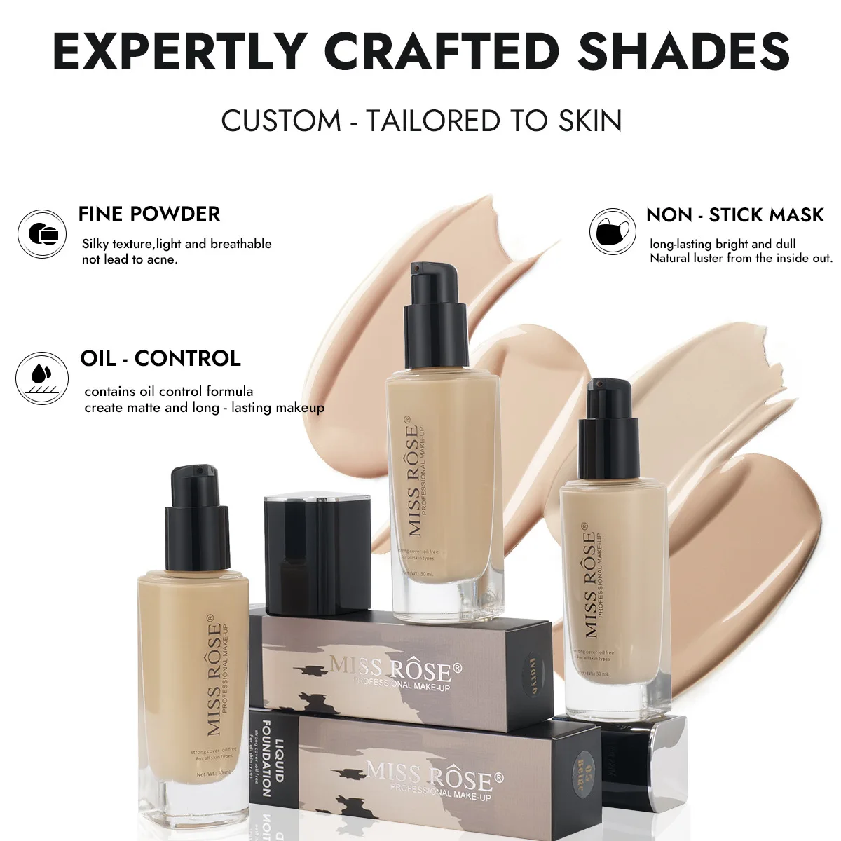 MISS ROSE 30ml Liquid Foundation, Modify Skin Tone Concealer Moisturizing Brightening Hydrating Lightweight Foundation Cream