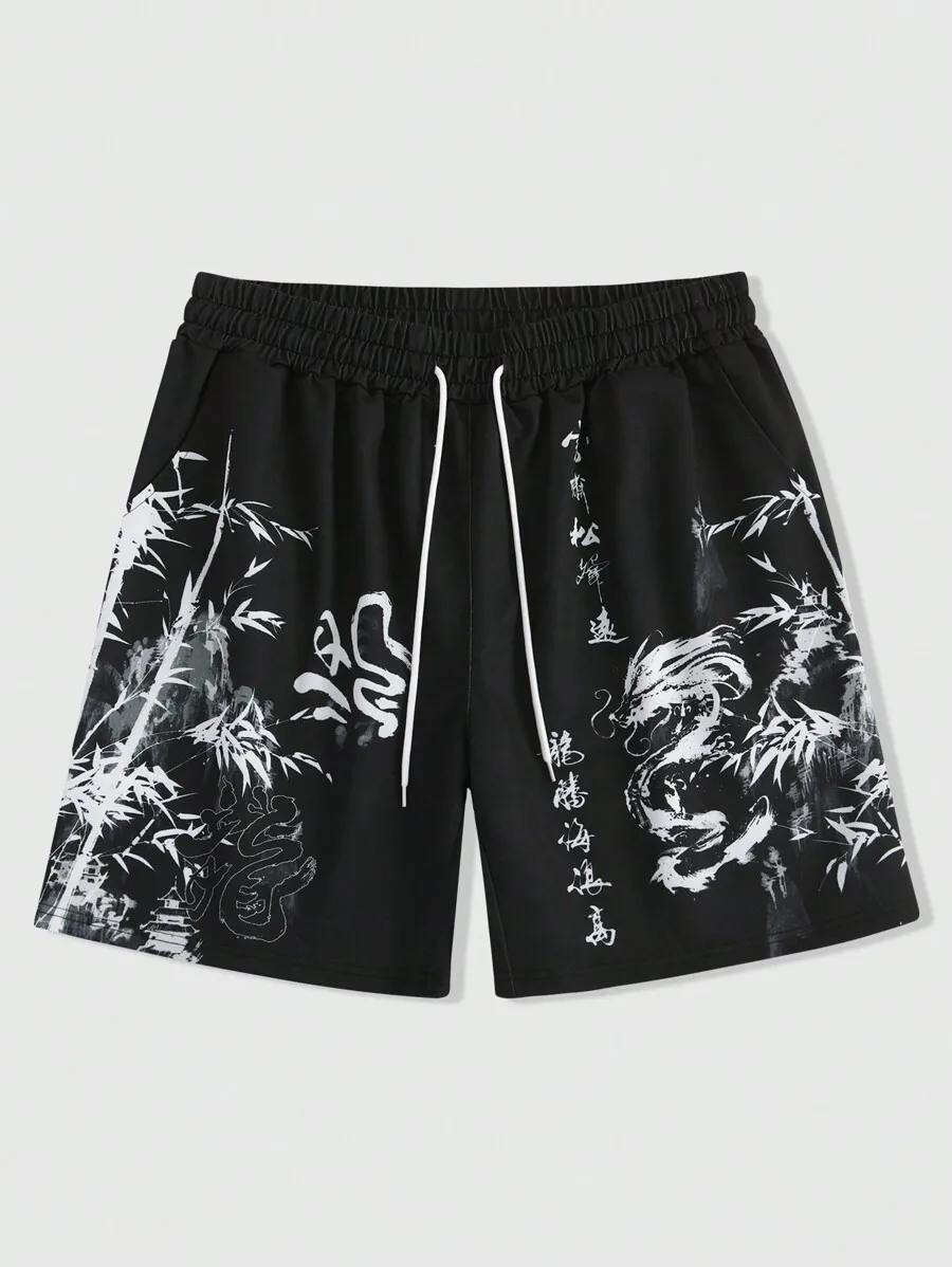 Men Chinese Ink Wash Painting Dragon Bamboo Print Shorts Drawstring Waist Casual Streetwear Summer Loose Athletic Short Pants