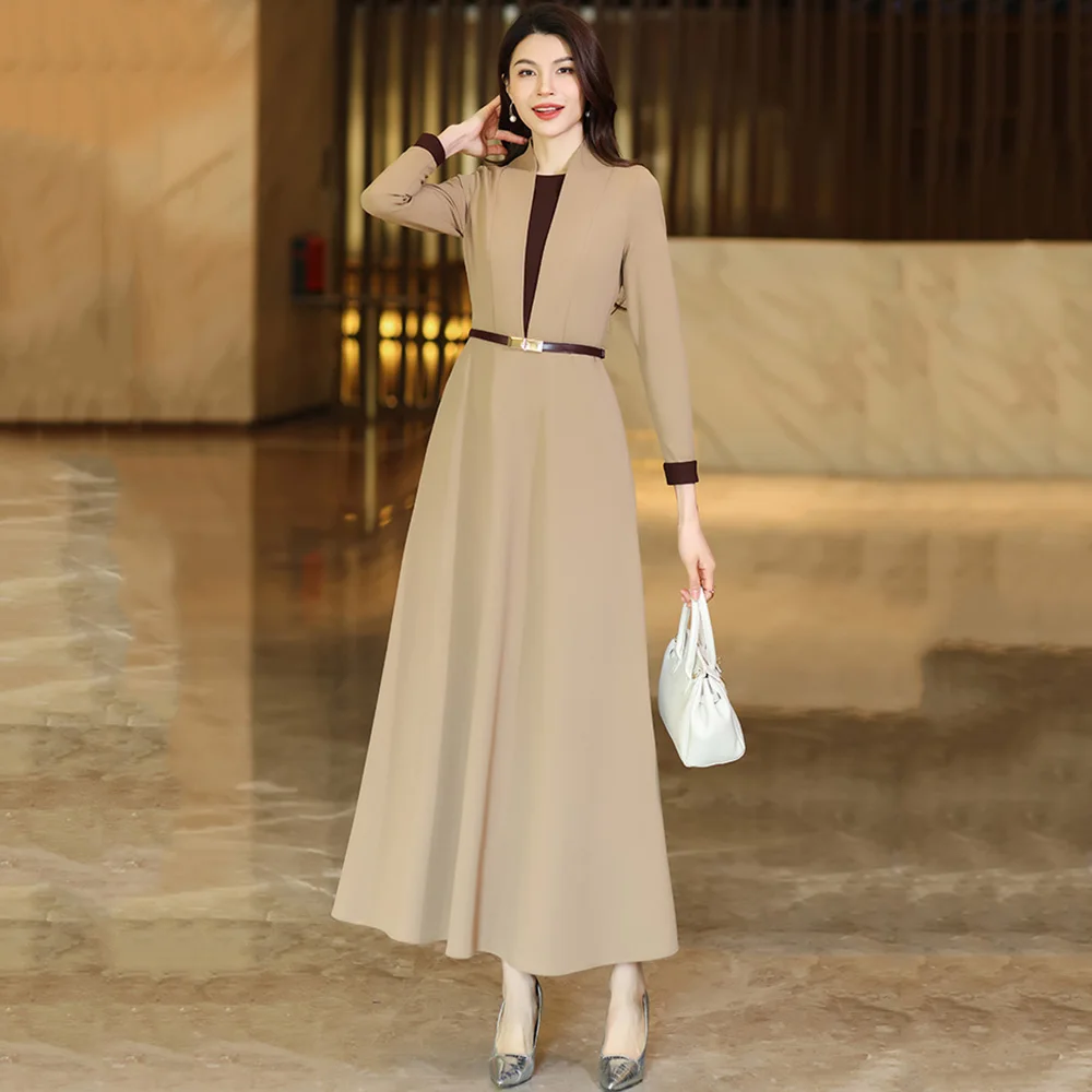 

New Women Spring Autumn Work Wear Dress Fashion Patchwork V-Neck Long Sleeve Slim Waist Office Lady Dress Elegant Gentle Dress