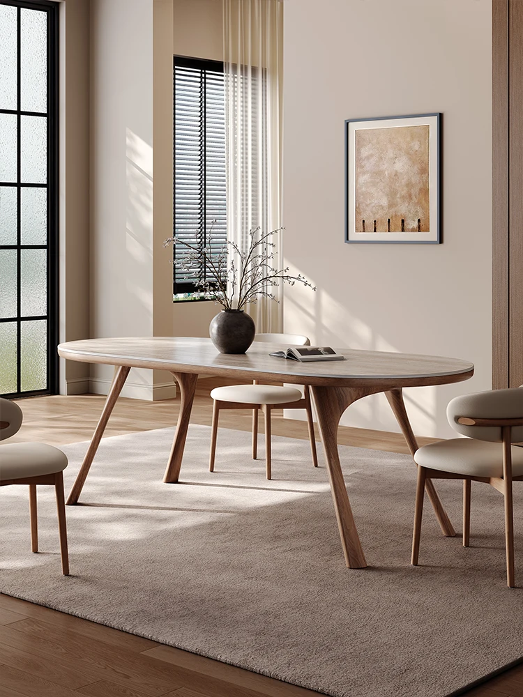

Solid wood dining table household modern simple high-end small apartment restaurant retro travertine rock slab dining table and