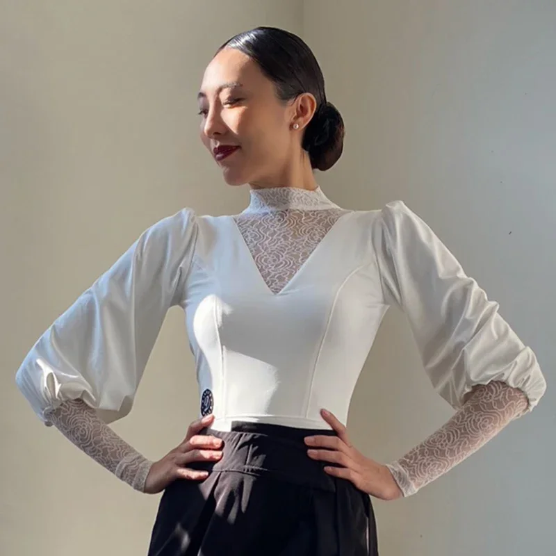 

New Ballroom Dance Clothes Women White Black Lace Bubbles Sleeves Bodysuit Adult Waltz Costume Latin Dance Practice Tops BL11084