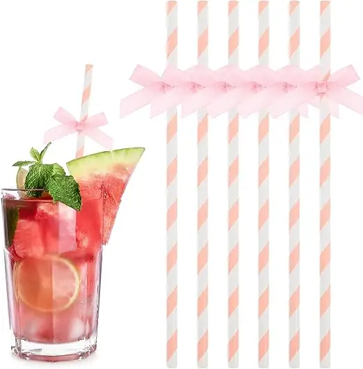 100pcs Pink&White Striped Paper Straws Biodegradable Disposable Drinking Straws for Christmas Brithday  Party Decoration Supply