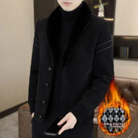 

Новое мужское зимнее утепленное шерстяное пальто 2025 года с флисовой подкладкой, повседневное, приталенное, в корейском стиле, с воротником-стойкой, из искусственной кожи (PU)