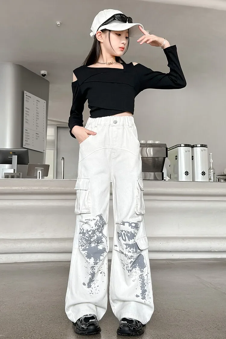 Mädchen Anzüge bedruckte Overalls Herbst Mode Hosen neue Mädchen breite Beine zweiteilige Set Kleidung koreanische einfache Stil Kleidung