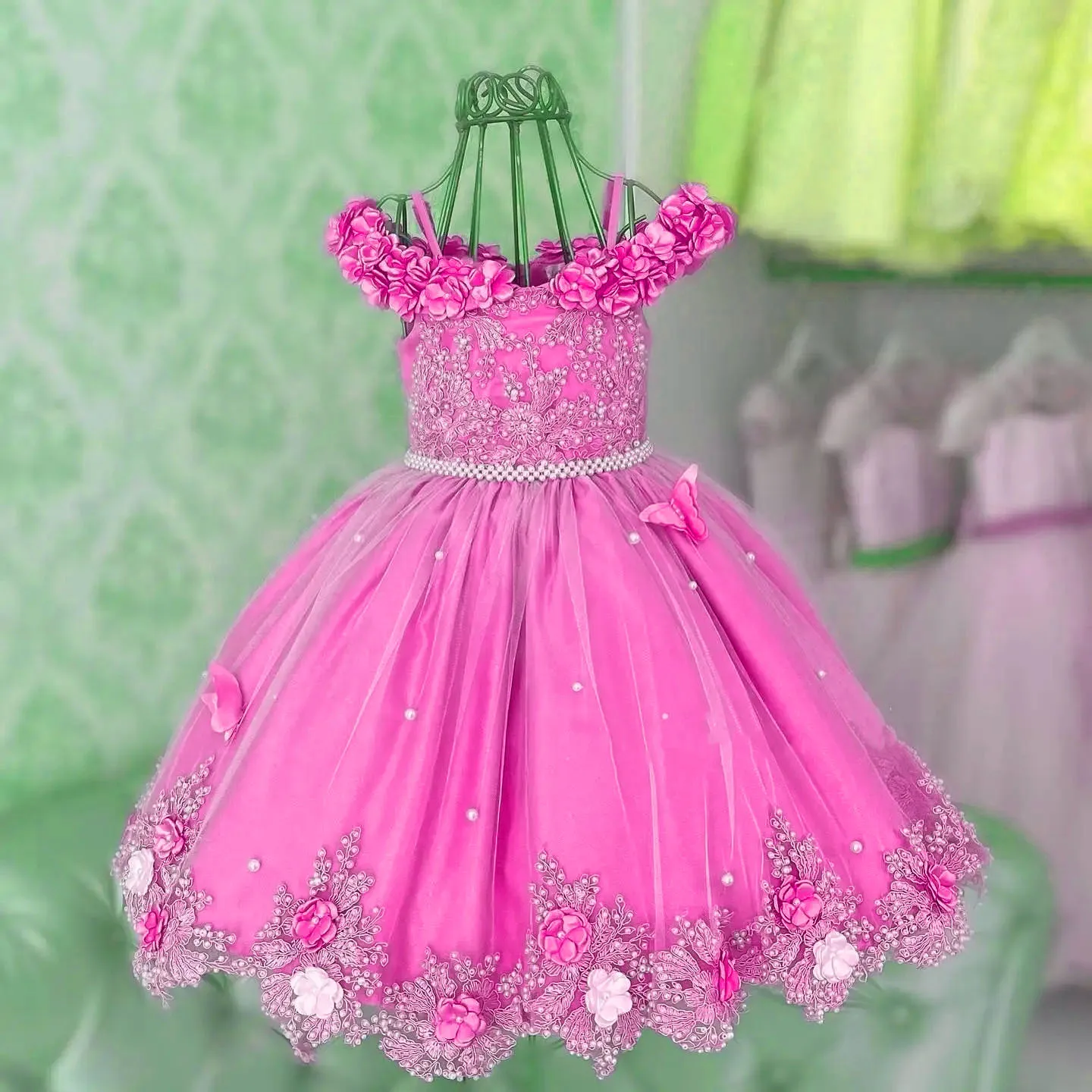 Vestido de niña de flores para boda, apliques de satén sin mangas azul cielo/rosa con lazo de perlas, fiesta de cumpleaños para niños, vestido de desfile de bebé