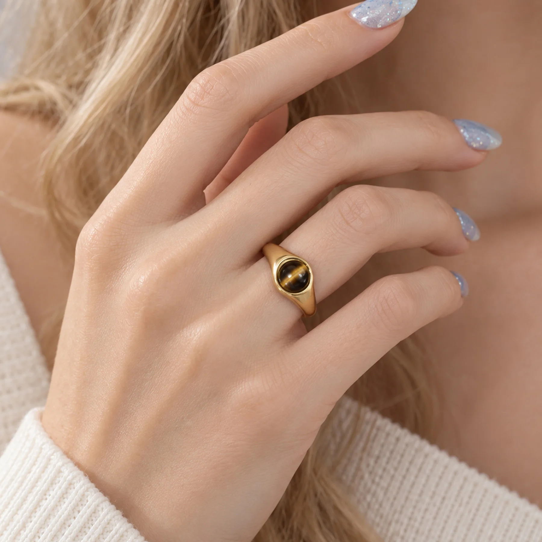 Vintage Natural Turquoise, Tiger Eye Stone Statement Ring for Women Minimalist Stainless Steel Finger Jewelry Anniversary Gift - view 3