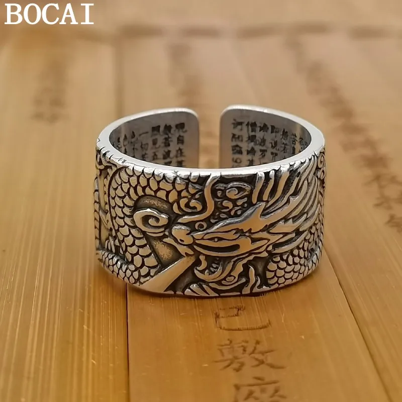 

BOCAI S999 изысканное серебро, восстанавливающее древние обычаи, мужское кольцо, Китайский ветер, мир дракона, серебряное кольцо, резьба внутри, буддийское сердце, сутра