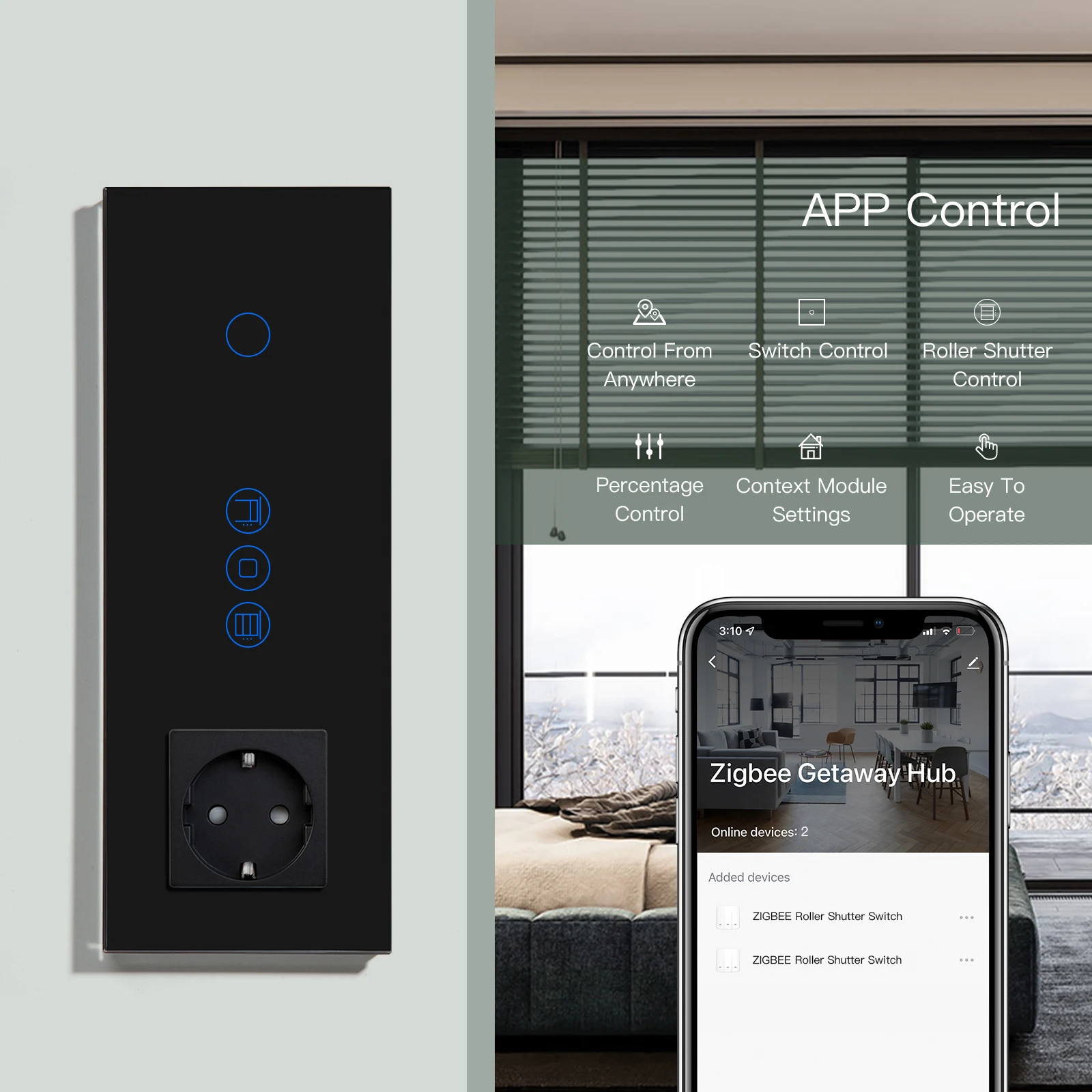 BSEED Zigbee Roller Shutter Switches Smart Roller Blinds  With Light Touch Switch EU Wall Socket USB Tuya Smart Life App Control