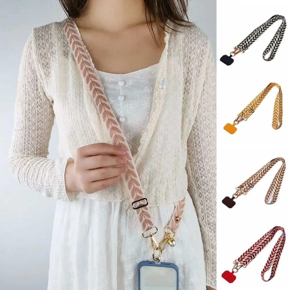 Adjustable Crossbody Phone Lanyard Wide Cloth Pearl Pendant Phone Antilost Lanyard Phone Accessories Leaf Cell Phone Lanyard