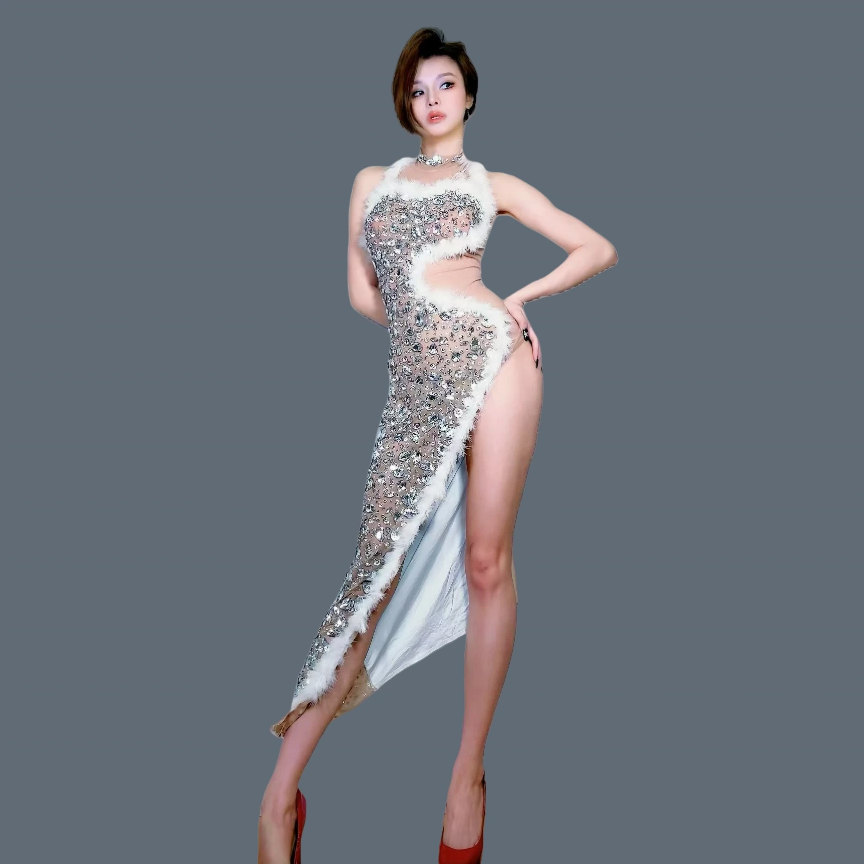 

High-end White Feather High Side Slits Long Dress Silver Crystals Sparkly Mesh Evening Gown Birthday Party Cocktail Dress Haitun
