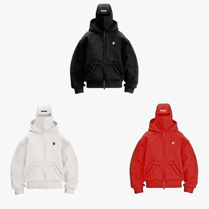 Y2k retro multi-color new double hat windproof and warm outdoor gothic hip-hop hoodie jacket with patchwork design sense hoodie