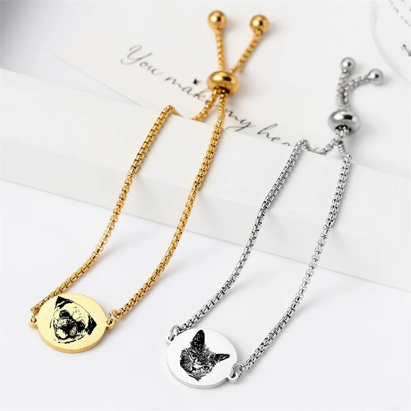 شخصية الحيوانات الأليفة صورة سوار مخصص محفورة اسم الصورة جولة القرص سوار مجوهرات تذكارية هدية لمحبي الحيوانات الأليفة