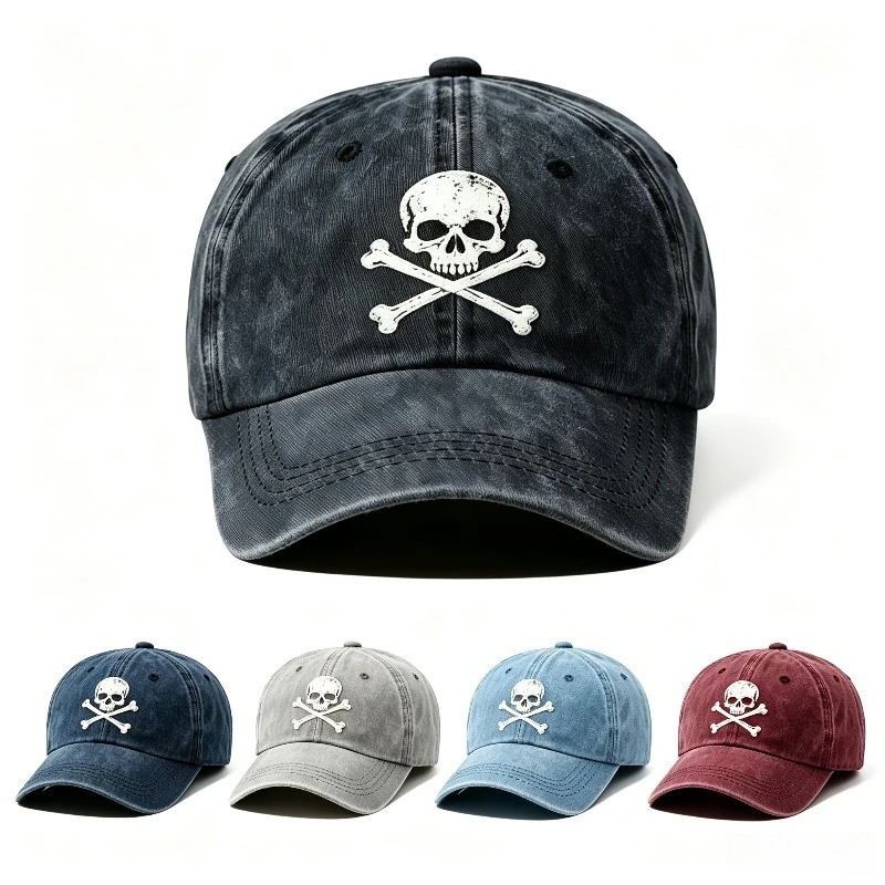 1pc Distressed Washed Baseball Cap Vintage Skull Crossbones Print Adjustable Unisex Dad Hat Gothic Pirate Casual Outdoor Sun Hat