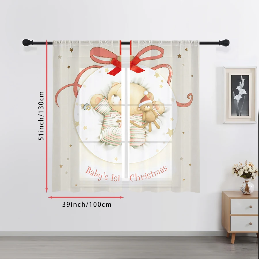 2PCS Baby First Christmas Sheer Curtains, Teddy Bear Ornament Print, Rod Pocket Window Drapes for Xmas Nursery Kids Decor