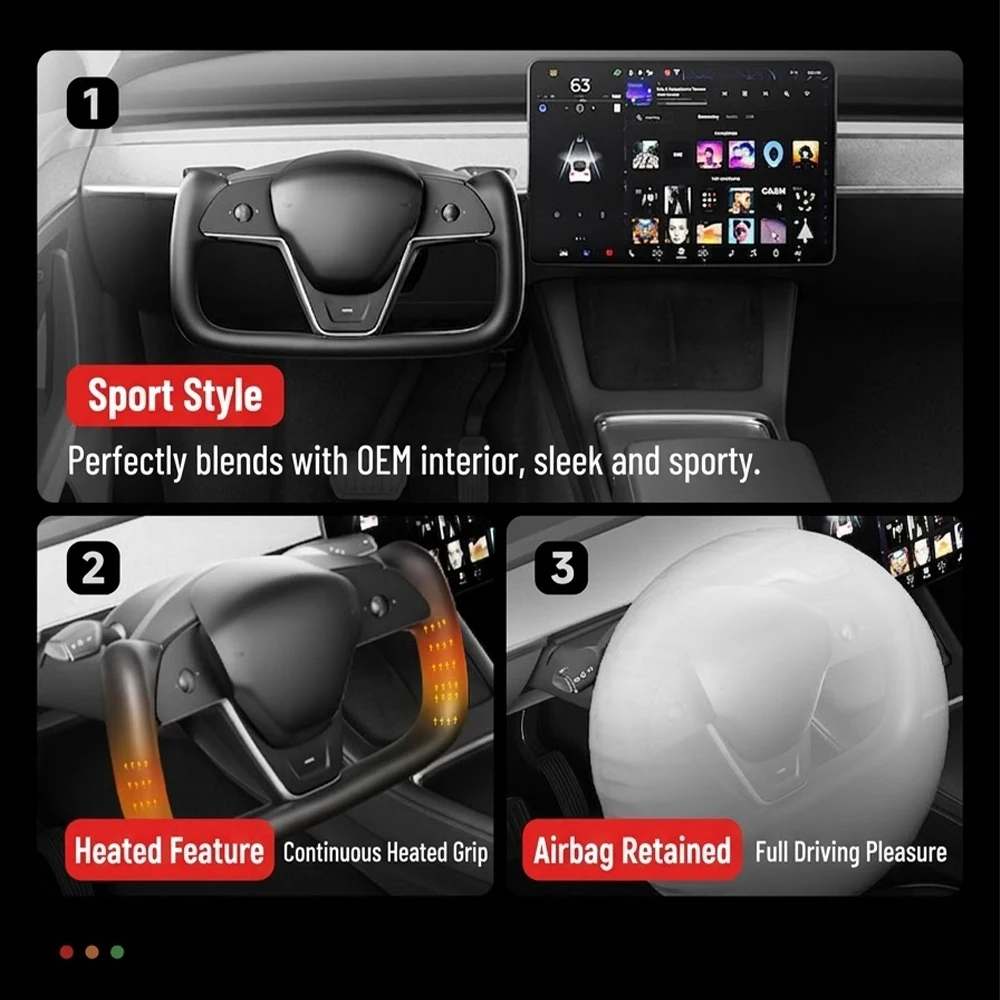 Heated Yoke Steering Wheel for Tesla Model 3 and Model Y Custom Racing Leather Personalized Upgrade Accessories