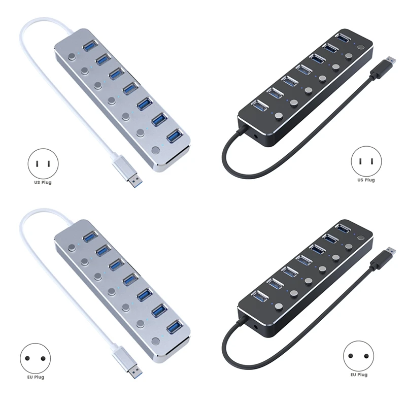 USB 3.0 Power Adapter 7 Ports Aluminum Alloy Splitter Hub USB Hub 3.0 USB Multi Extender Switch 1.2M Cable Hub