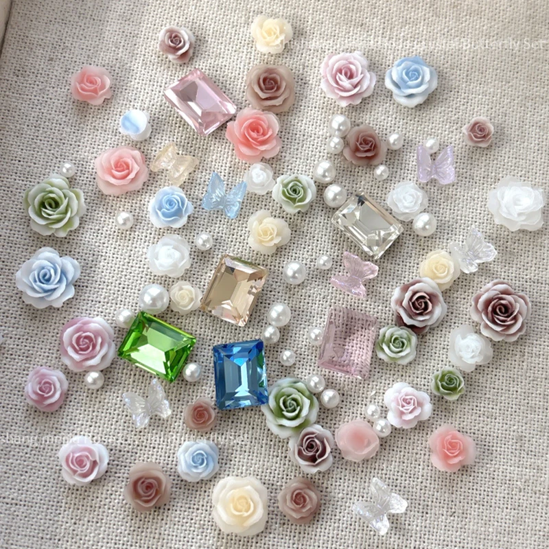 7 Grids 3D Rose Flower Nail Art Decorations Pink Colorful Camellia Mixed Crsytal Pearl Beads Butterfly DIY Manicure Charms