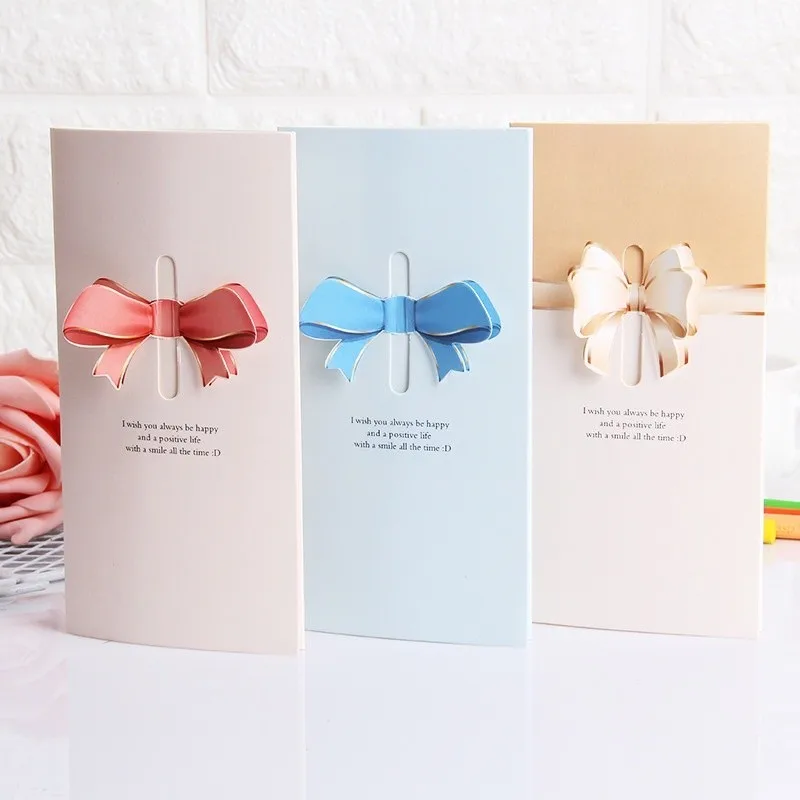 Retro Pearlescent Paper Envelope Bow Thick Ribbon Creative Color Greeting Card Bags for Christmas Wedding Invited Gift Postcards