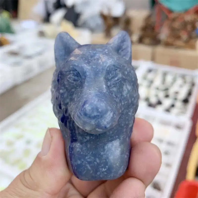 Natural Blue Aventurine Wolf Head Carving Ornament For Healing Fengshui Jewelry Making Home Decoration Gift 1PCS