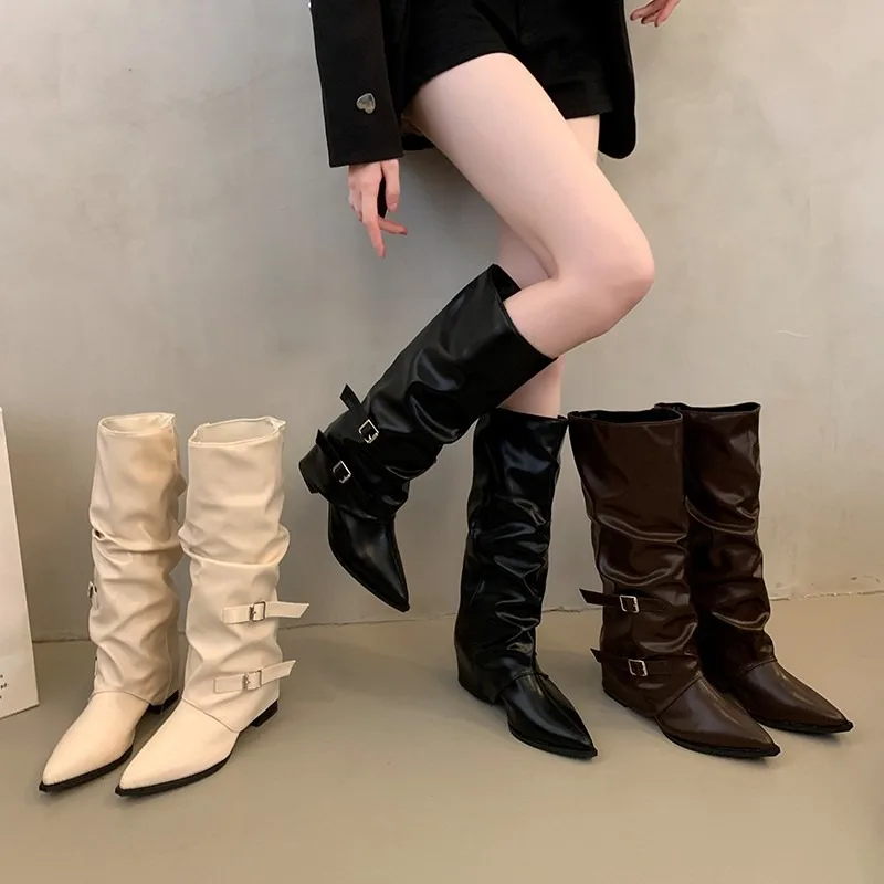 

High-Top Women's Boots Belt Bule Long Boots Chunky Heel Pointed Toe Bla Calf Boots Faionable Streetwear Spring Autumn