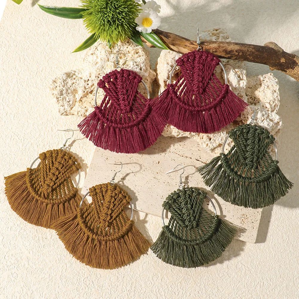 European and American earrings Amazon's new hand-woven fringed fan-shaped cotton thread Bohemian earrings ins style jewelry