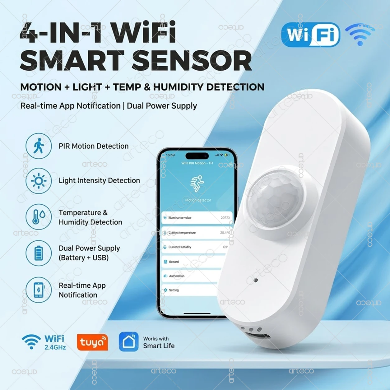 Tuya WiFi PIR Motion Sensor Smart Life App Remote Monitor Temperature Humidity Human Body Infrared Detector Luminance Detection