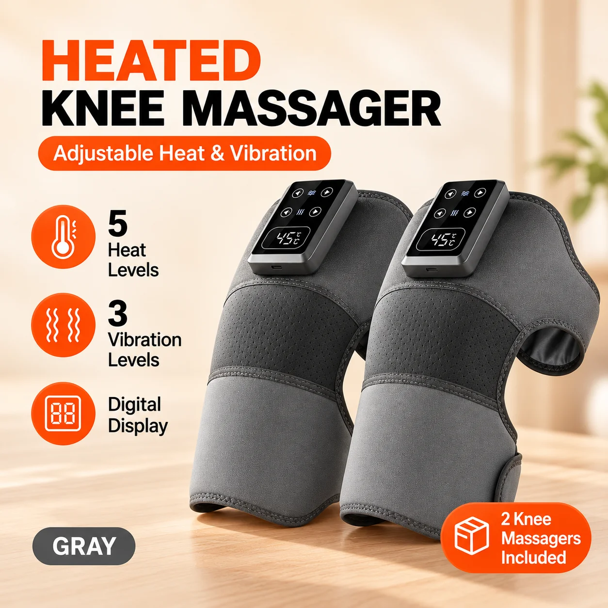 Electric Heated Knee Massager 2PCS Pair, Adjustable Knee Brace with 5 Heat Settings, 3 Vibration Levels, Digital Display for Leg