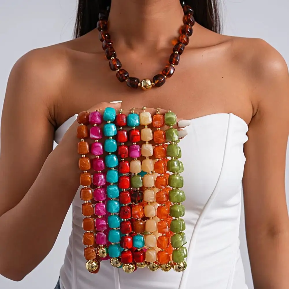 Resin Acrylic Resin Beaded Chokers Smudge Effect Multi Color Acrylic Pendant Chain Lightweight Irregular Shape Vintage Choker