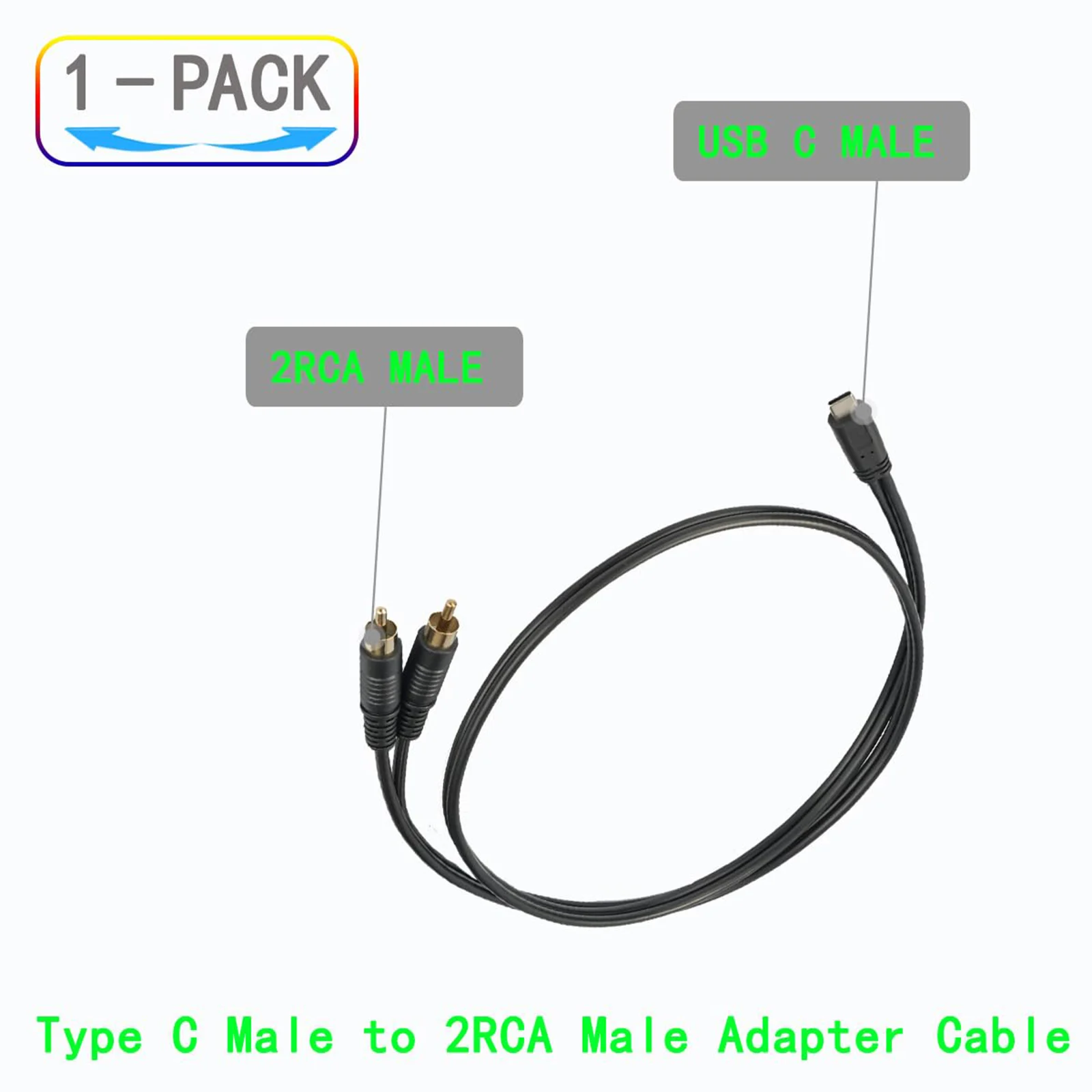 Convertidor de Audio estéreo USB tipo C macho a Dual 2 RCA macho, Cable divisor Y para amplificador de potencia, altavoz de cine en casa para coche, 1 ud.