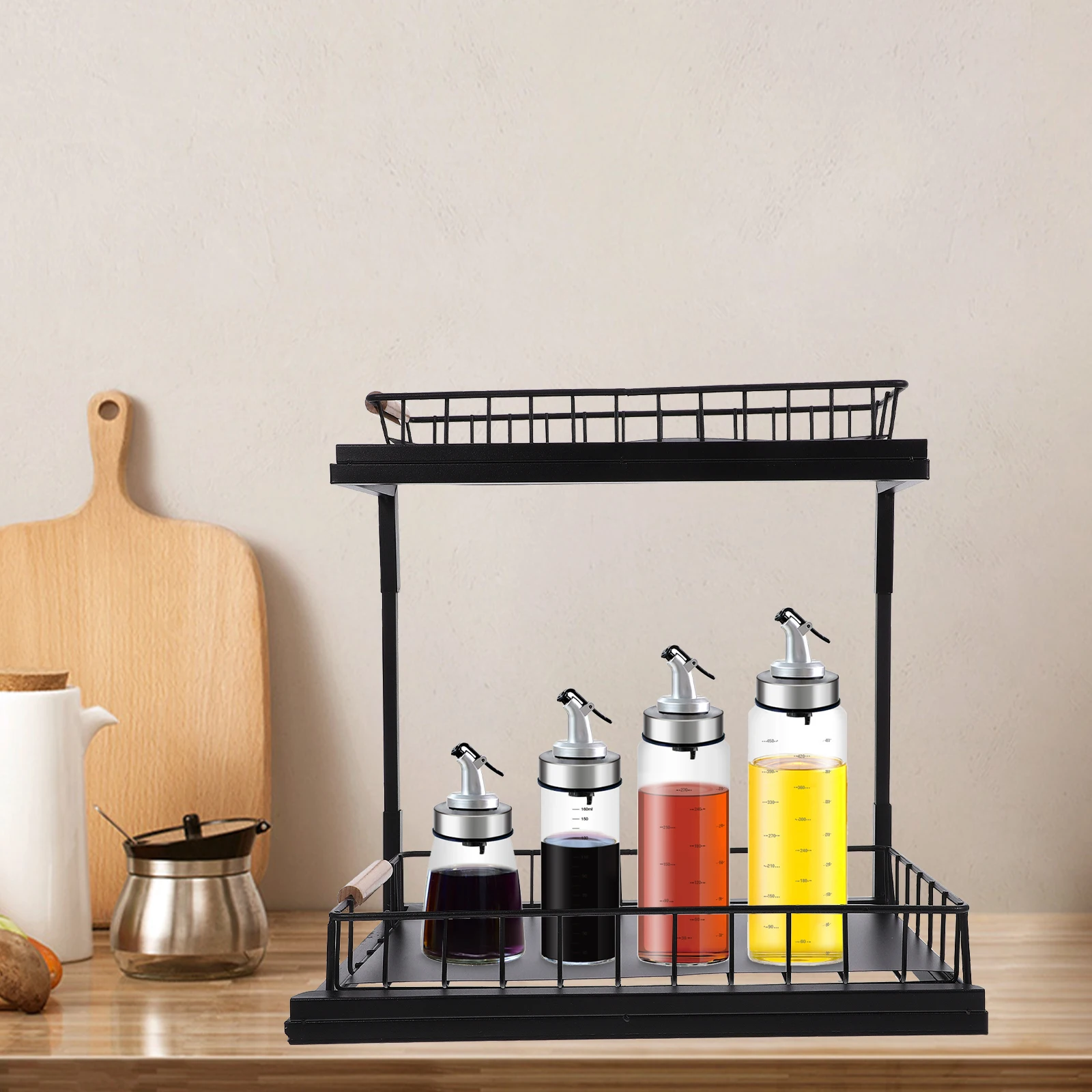 

2-Tier Kitchen Cabinet Pull Out Organizer Sliding Storage Rack Under Sink Spice Rack Double-Layer Storage Shelf