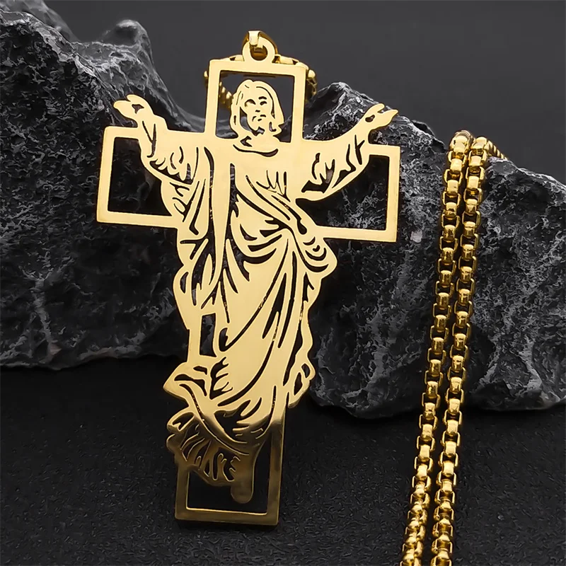 Jesus Cross Stainless Steel Pendant Necklace Gold Color for Women/Men Religious Christian Necklaces Jewelry collier N4573S02