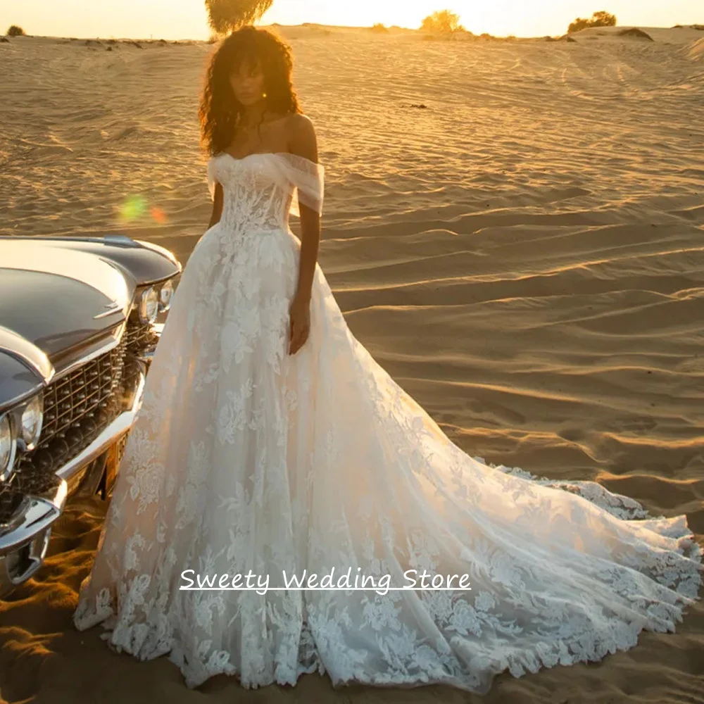 

Romantic Wedding Dress Customized Off The Shoulder Sweetheart See Through Lace Applique Court Train A Line Bridal Gown