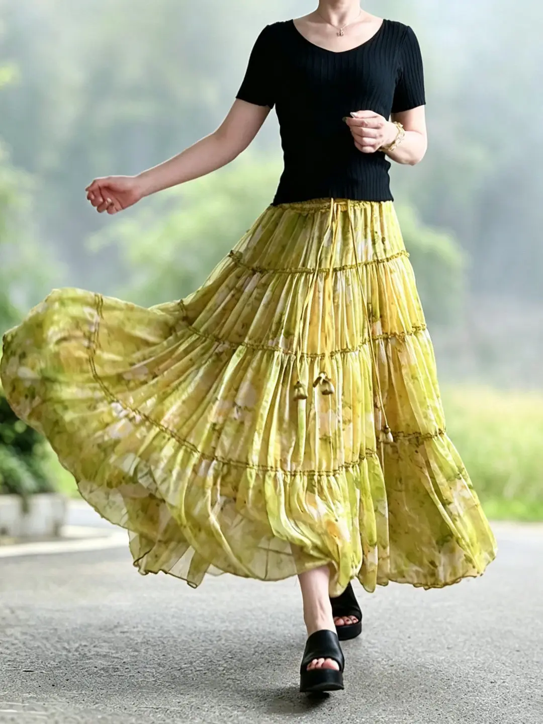 TIYIHAILEY-Women's Long Maxi Skirt,Printed  A-Line Elastic Waist,Chiffon Thin, Yellow, Spring, Big Hem Fashion, 2026 New Summer