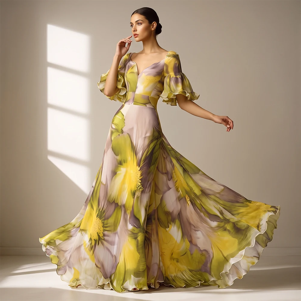 Men'S Formal Wear For Wedding Guest - Women Floral Chiffon Maxi Dress V