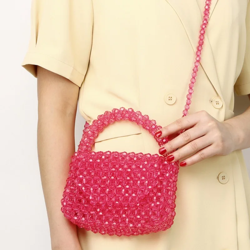 

New Niche Handmade Beaded Hollowed Out Crystal Woven Handbag Solid Color Candy Colored Crossbody Small Square Bag Customization