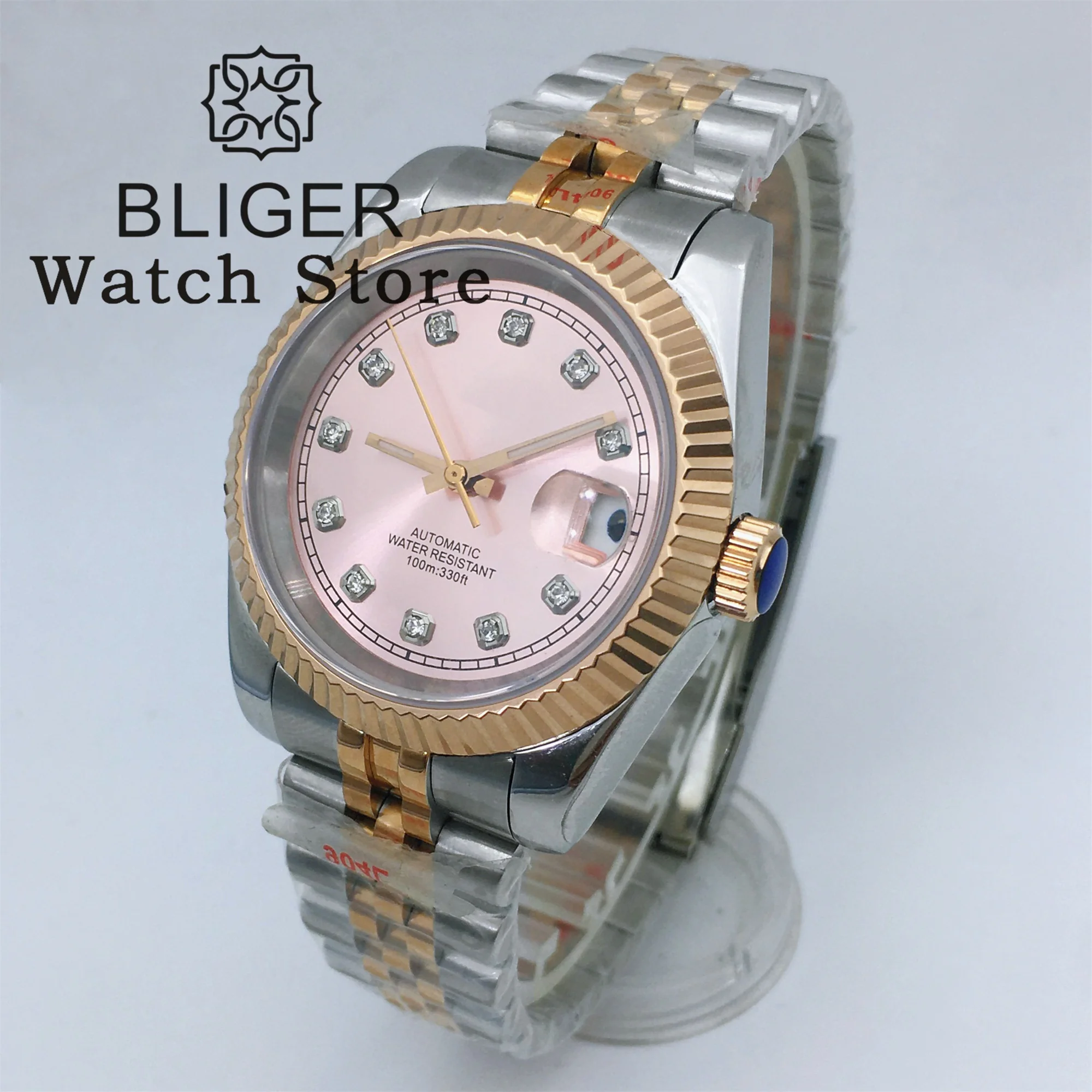 Автоматические механические водонепроницаемые часы BLIGER NH35 36 мм 39 мм для мужчин, серебристые, розовые, золотистые, двухцветные часы с сапфировым стеклом и автоматической датой