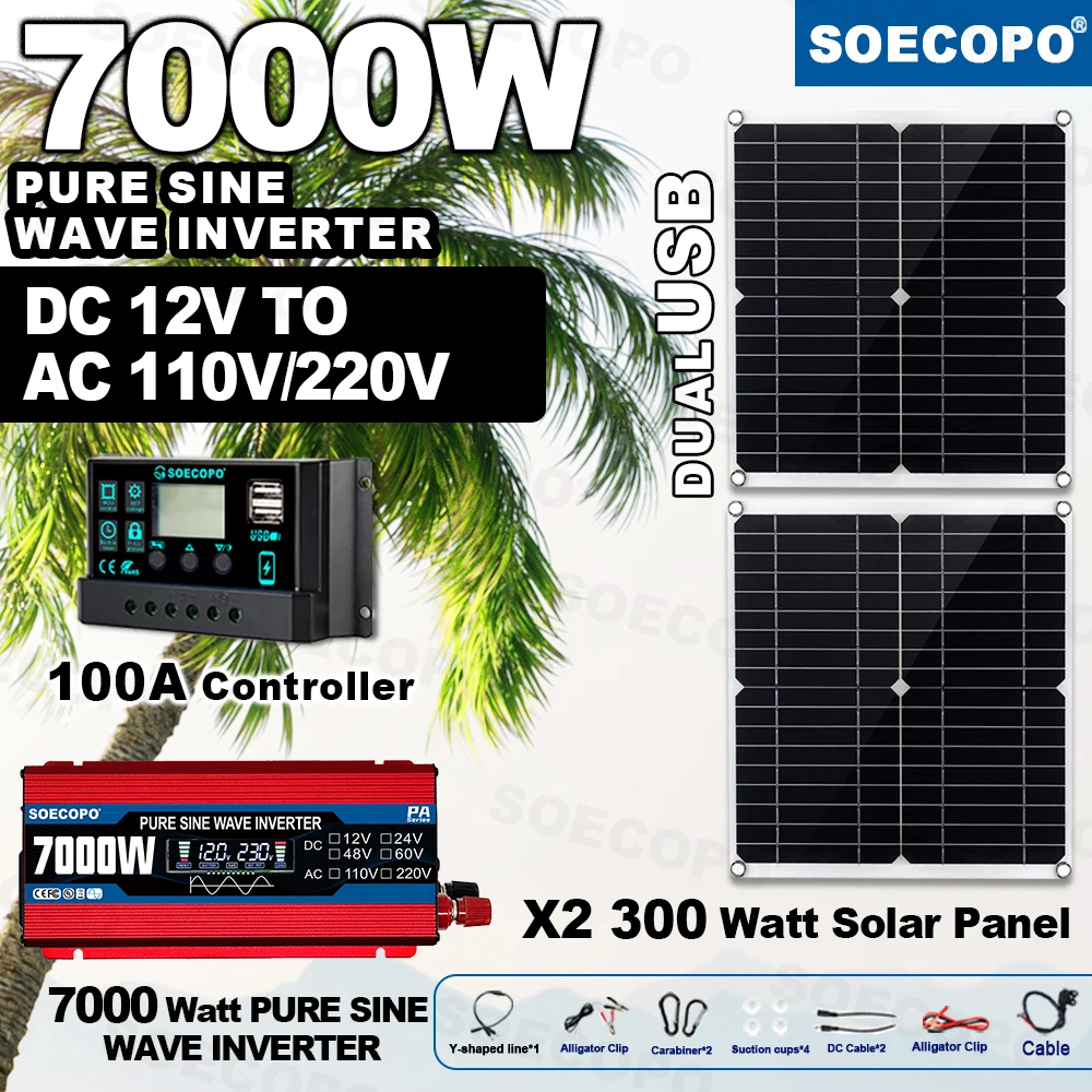 

SOECOPO 7000W Solar Kit 12V 110V 220V Pure Wave Inverter 2*300W Photovoltaic Panels and 100A Controller for Home Off Grid System