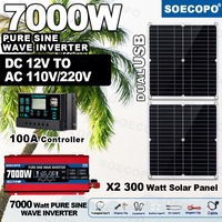 SOECOPO 7000W Solar Kit 12V 110V 220V Pure Wave Inverter 2*300W Photovoltaic Panels and 100A Controller for Home Off Grid System