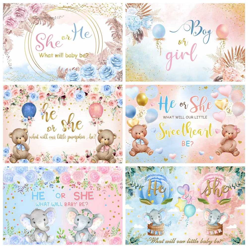 

Boy Or Girl Gender Reveal Backdrop Newborn Baby Shower He or She Birthday Party Photography Background Decor Banner Photozone